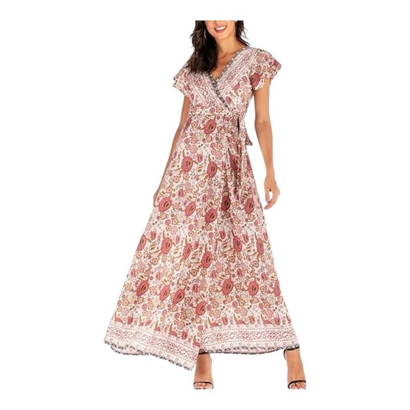 HALCYEEN Elegant Boho Maxi Dress with Flowing Silhouette White/ red flowers XXL - Picture 4 of 14